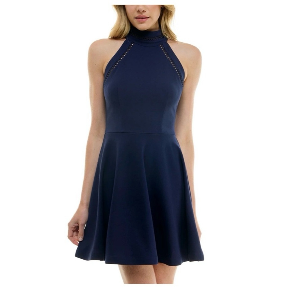 NWT B. Darlin Blue Fit and Flare Halter Scuba-Crepe A-Line Mini Dress size 9/10